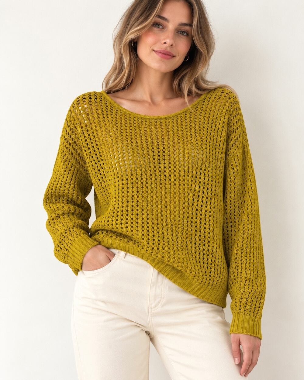 Jeanne Pierre XL Chartreuse Olive Green Open Knit Cotton Sweater Zip Back